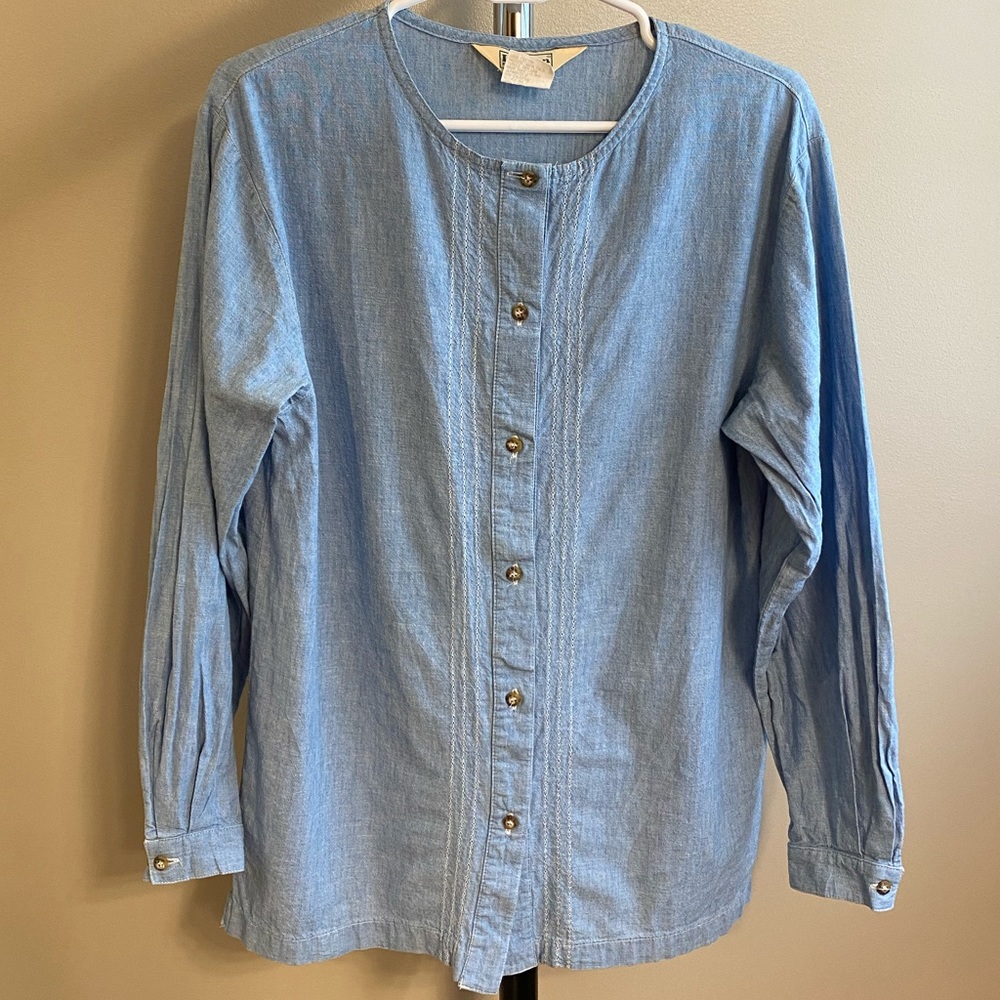 Vintage Long-Sleeve Cotton Jean Button-Up Top